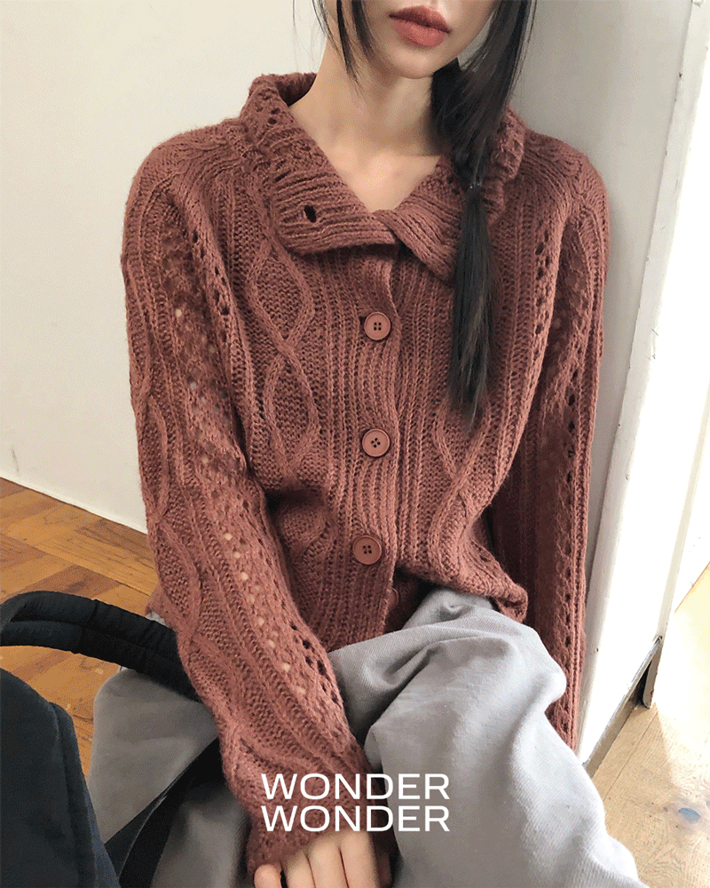 원더원더 [MADE❤️] 웨이슨 하이넥 펀칭 꽈배기 긴팔 니트 가디건