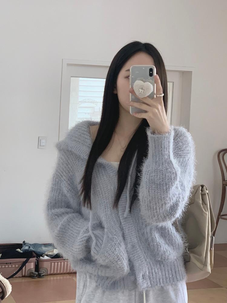 [솔잎사가디건] 깃털 후드 cardigan