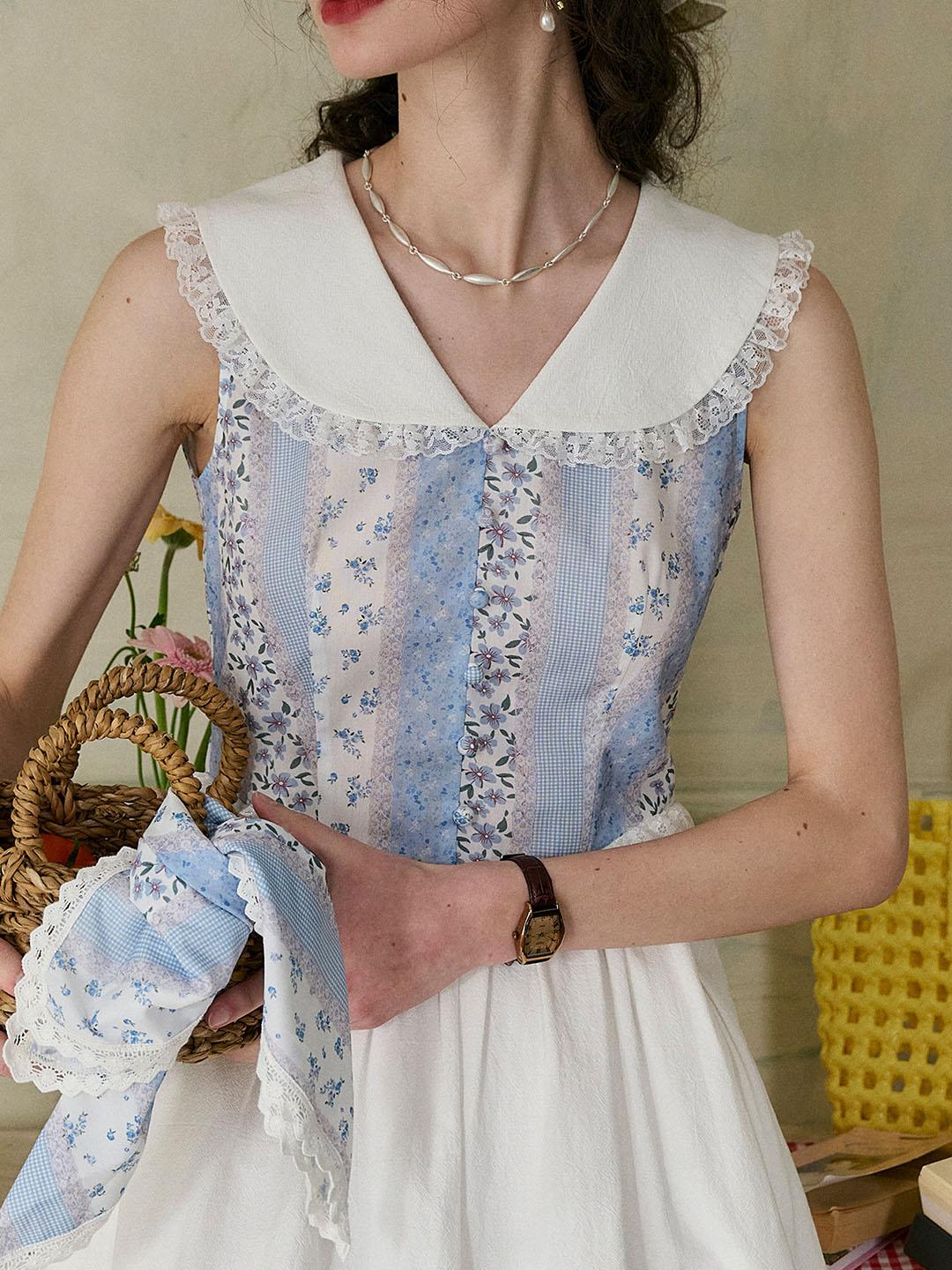 Emelia Lace Lapel Striped Floral Patchwork Contrast Cotton Dress - White / S
