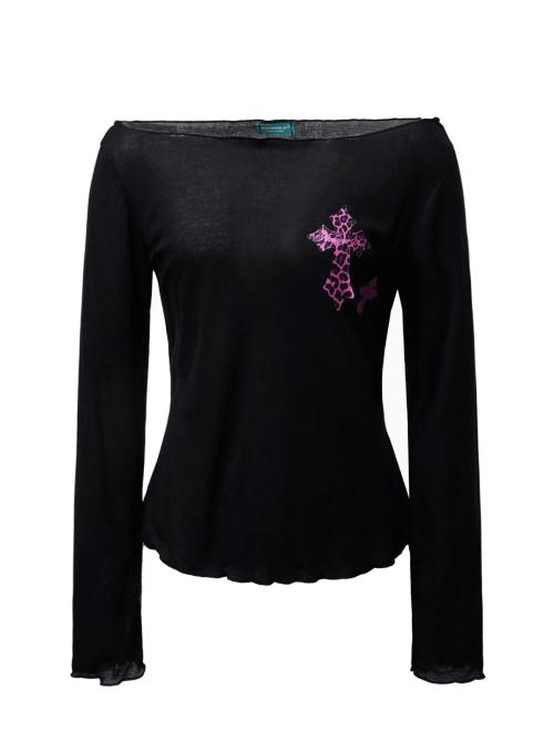 크로스 핑크 레오파드 시어 슬림핏 긴팔 티셔츠-블랙