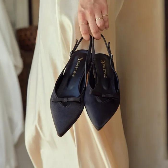 리본 샤틴 스틸레토 슬링백 BLACK