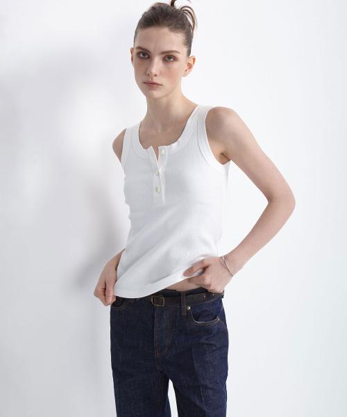 RIBBED COTTON HENLEY NECK TANK (WHITE)