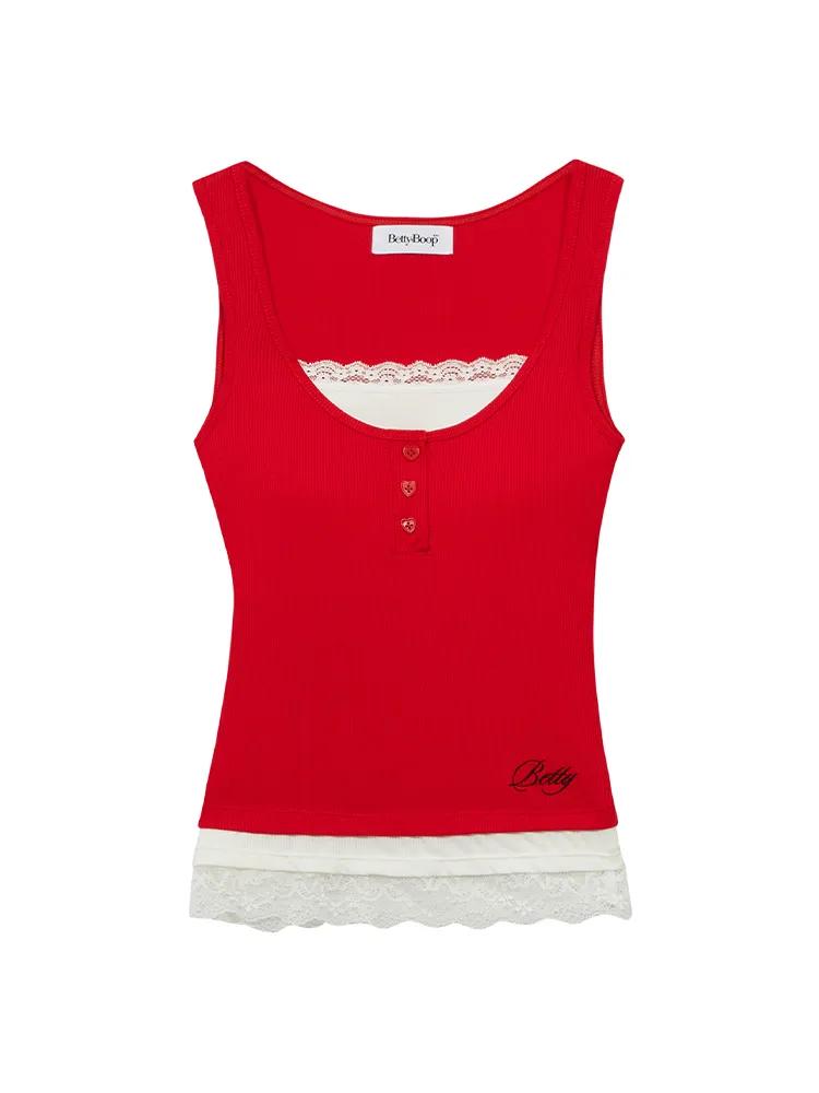 베티붑 레이스 레이어드 U넥 슬리브리스_레드