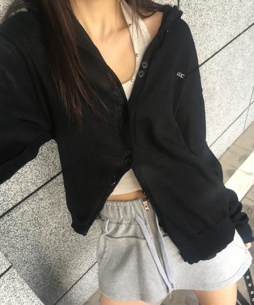 시어 후드 오버 가디건 블랙