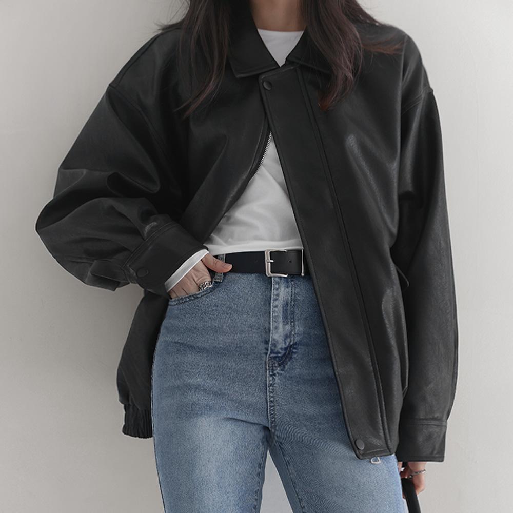 커먼유니크 [단독] 리도어 카라 집업 레더 자켓 (봄/간절기/레더/블루종/가죽재킷/점퍼/아우터/오버핏/박시핏/빈티지/브라운/블랙)