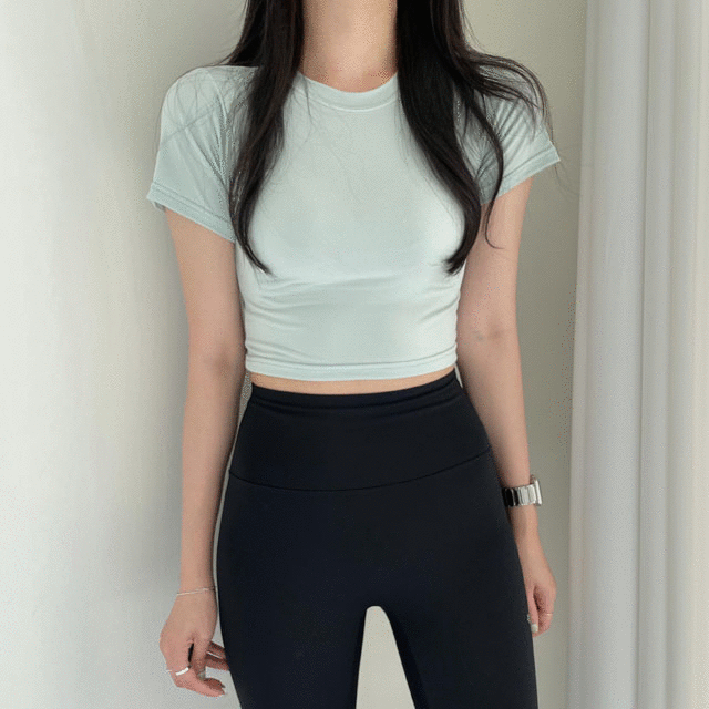 [1+1할인/cool~냉장고 원단!] 아이스 쿨 스판 크롭 반팔 티셔츠 필라테스 운동복 7col
