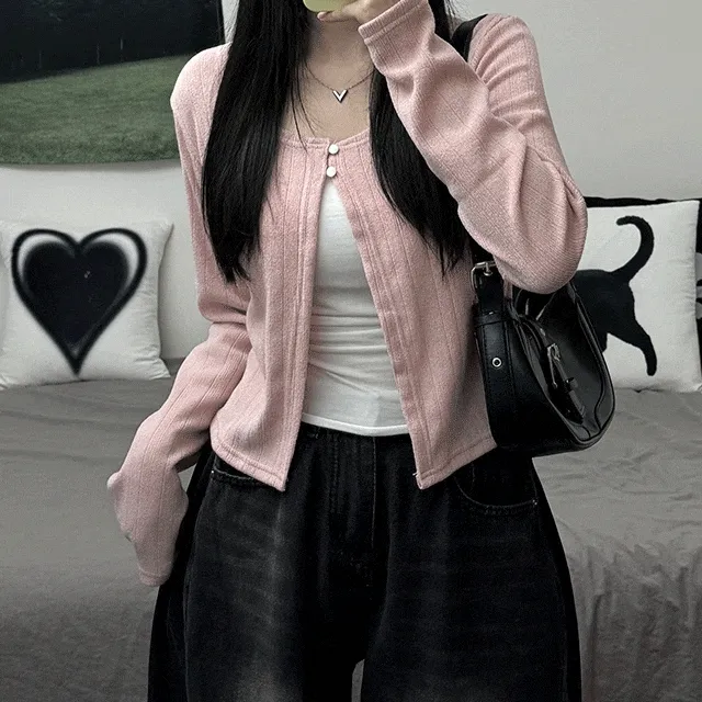 [사장님추천/가을가디건] 투버튼 세미 크롭 니트 가디건