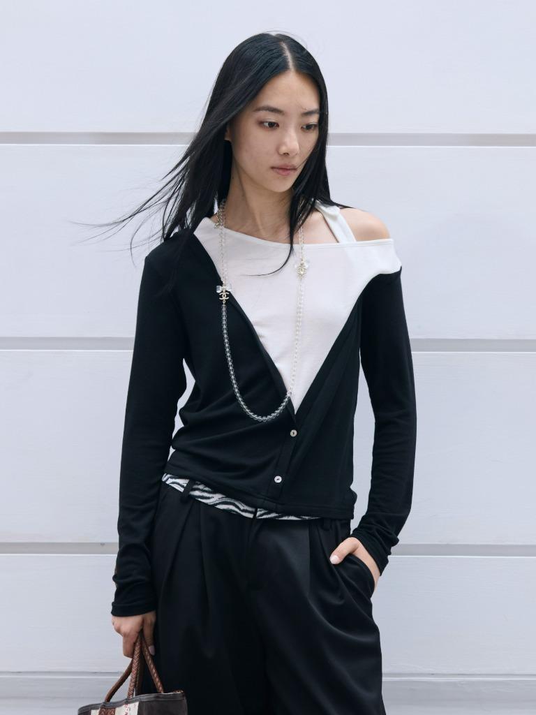 Tencel wool mixed halter neck off shoulder long-sleeve