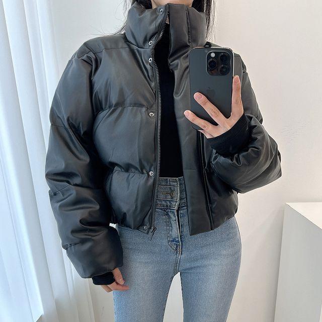 (고퀄/스트링조절가능)에코 무광 레더 숏패딩_버튼나인