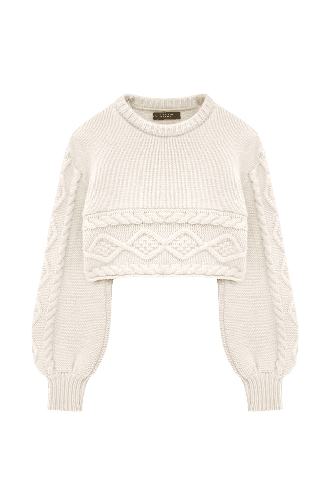 Cable Crest Cropped Slip + Knit Set  (White)
