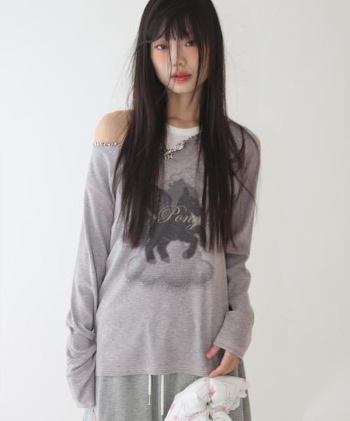 레오파드 트림 페가수스 와이드 넥 티 핑크 그레이