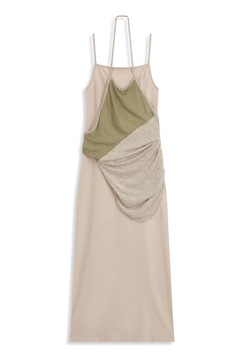 LAYERED HALTER NECK JERSEY DRESS, BEIGE