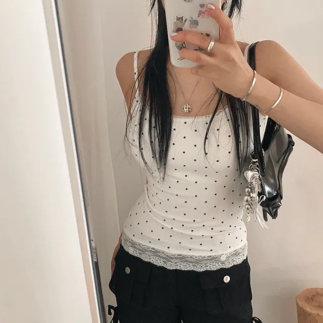 [캡내장🖤/BEST] 도트 레이스 슬립 끈나시