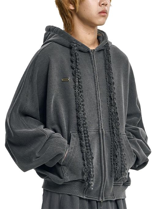 Laced Multi-Drawstring Zip-Up Hoodie [CHARCOAL]