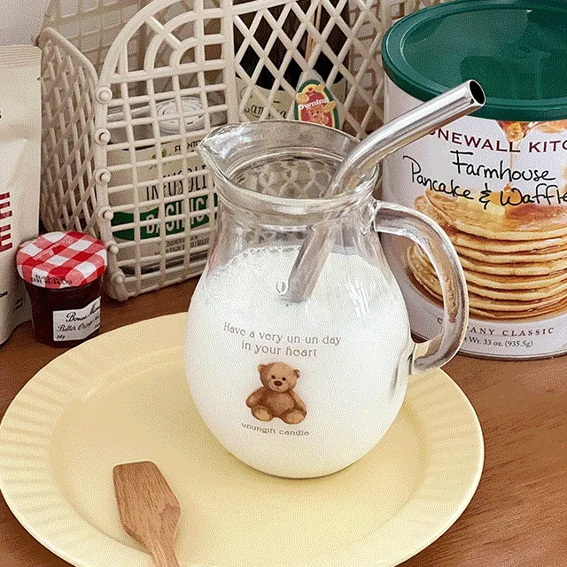 모카 곰돌이 유리저그 손잡이 유리컵 620ml+커브 스틸빨대 SET