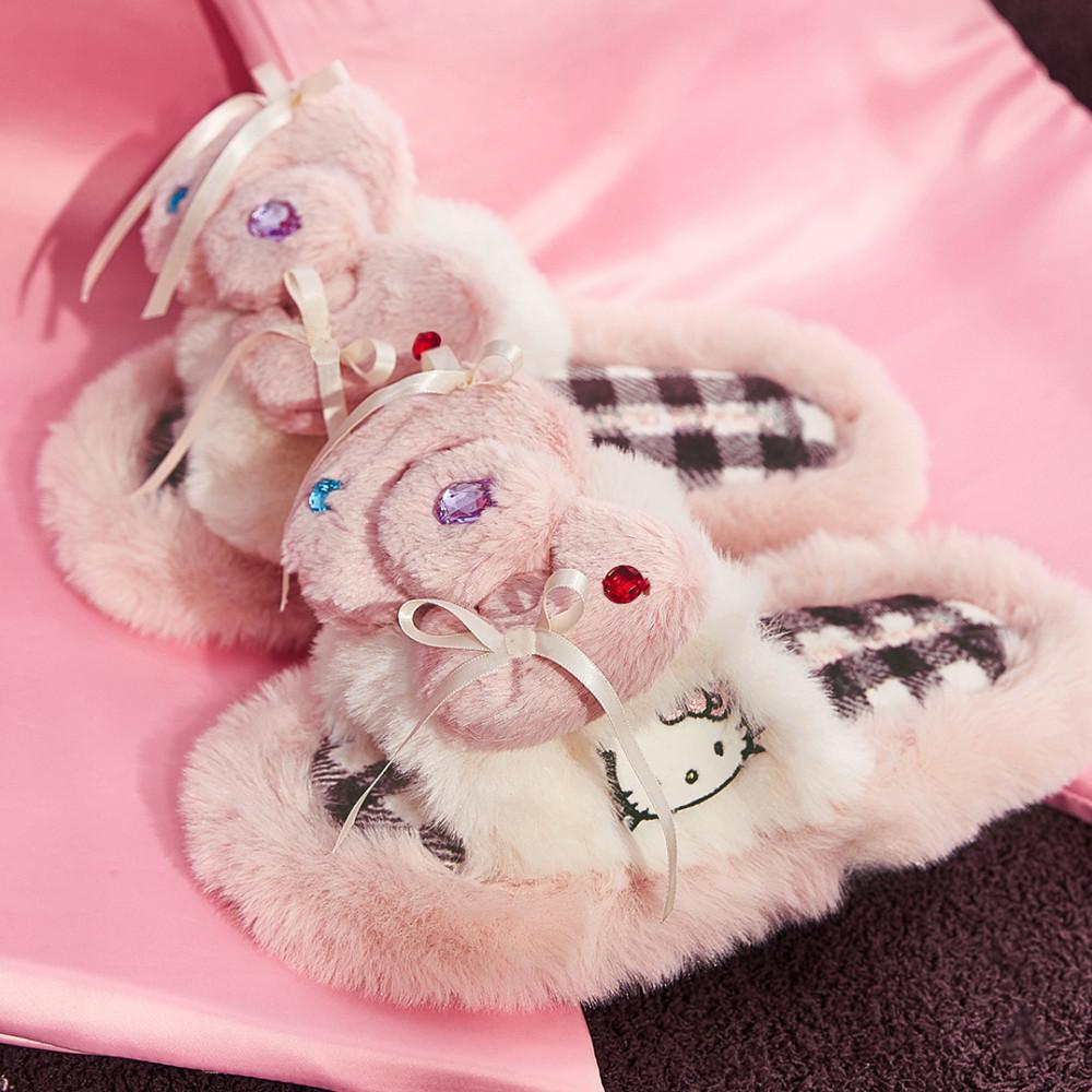 키티 털실내화 따뜻한 리본 거실화 핑크 블랙 2color