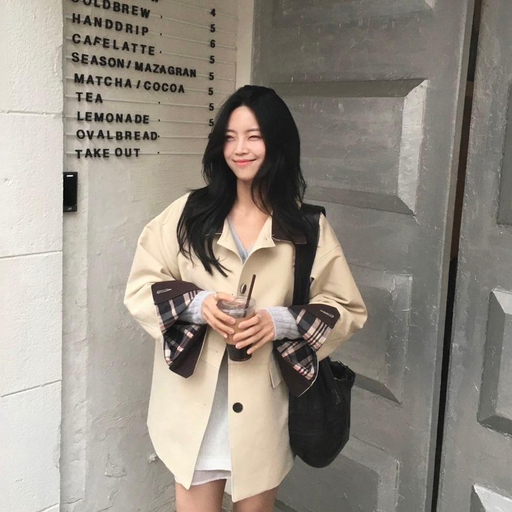 워크 배색 하프 트렌치 코트