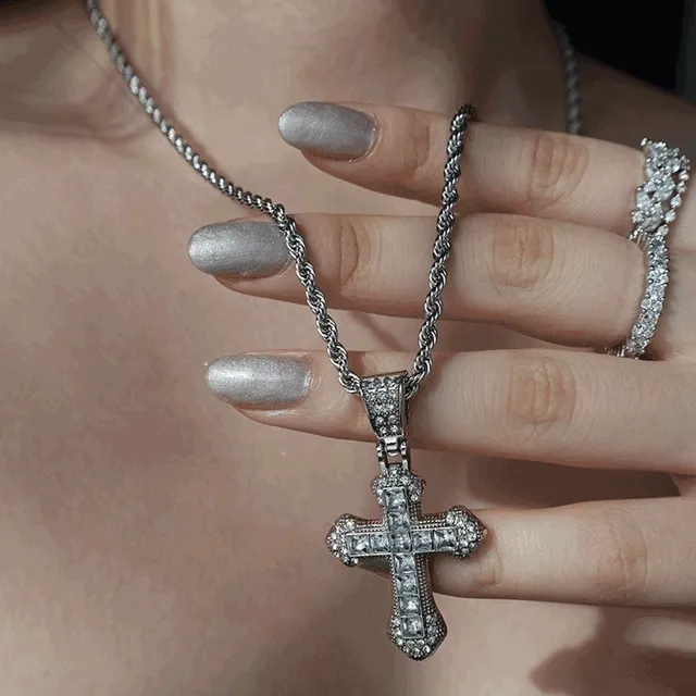[s.steel] bold cubic cross necklace | 볼드 큐빅 십자가 목걸이
