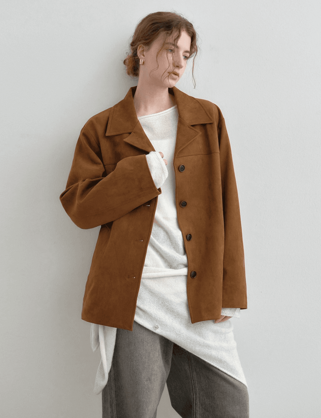 오픈 칼라 스웨이드 하프 자켓 브라운 MDJK042BROWN