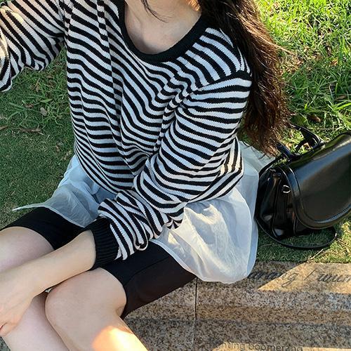 디어먼트 🌸[직진배송/1만장돌파][MNLB] 캔디팝 데일리 스트라이프 소프트 니트 (브이넥/라운드넥)