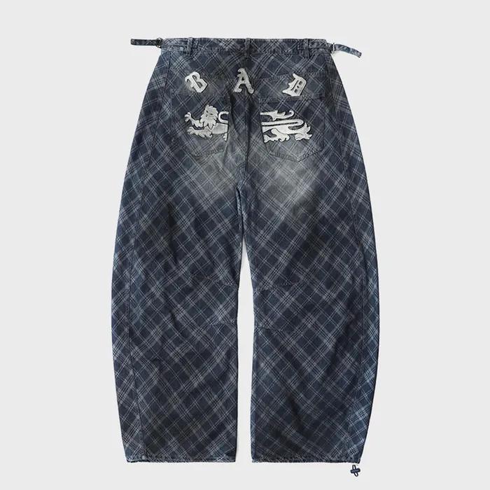 w-pts25-036 라이온 패치 워시드 배럴 팬츠 - 블루데님체크