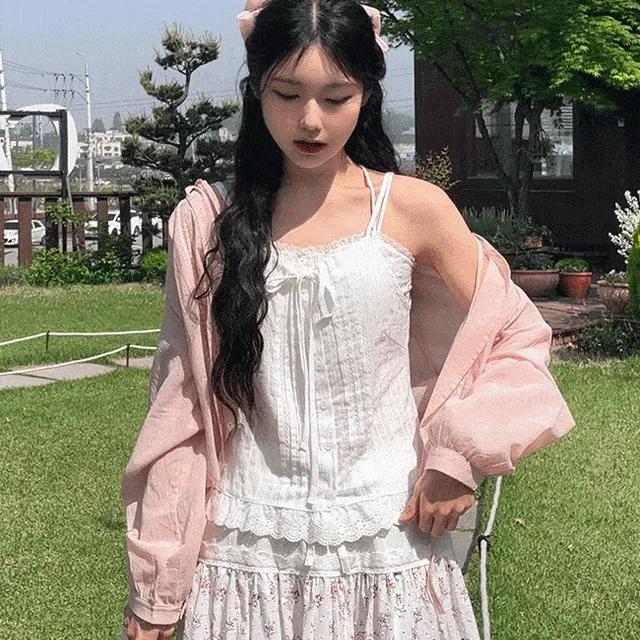 스텔라 핀턱 끈 나시 리본 레이스 뷔스티에 블라우스