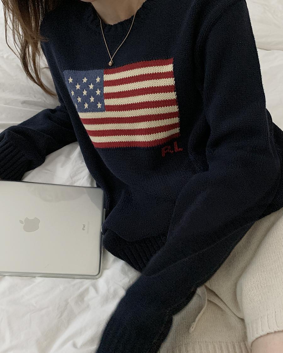 폴로랄프로렌 남녀공용 라운드넥 성조기 RL로고 코튼 니트 스웨터