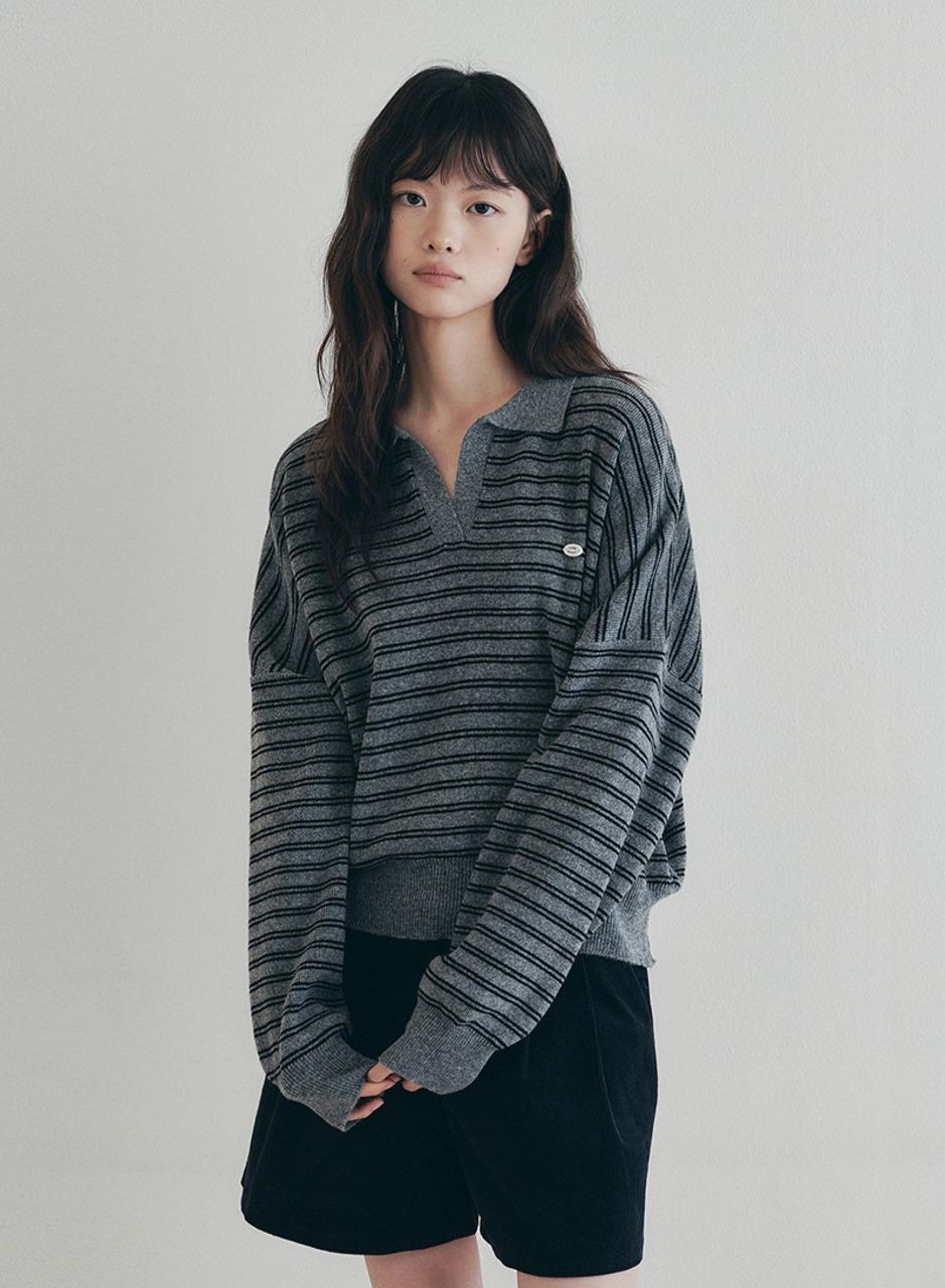 스트라이프 카라 오버핏 니트 - 그레이
