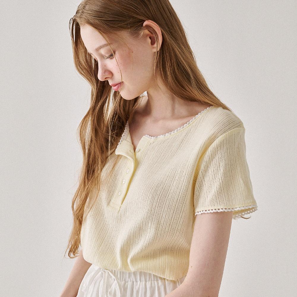 TORCHON LACE HENRYNECK T SHIRT SOFT YELLOW
