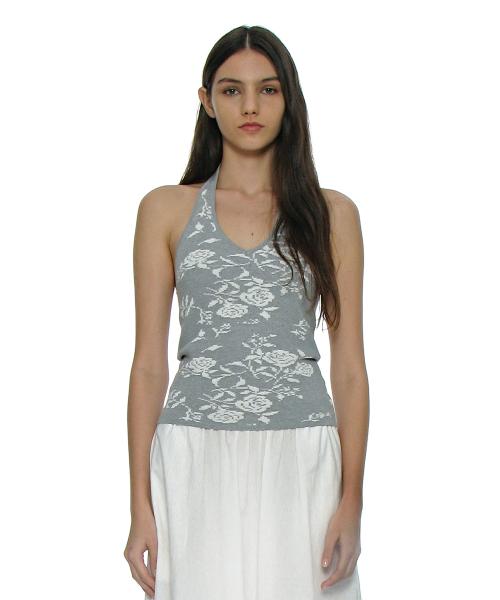 자카드 홀터넥 니트 탑_멜란지