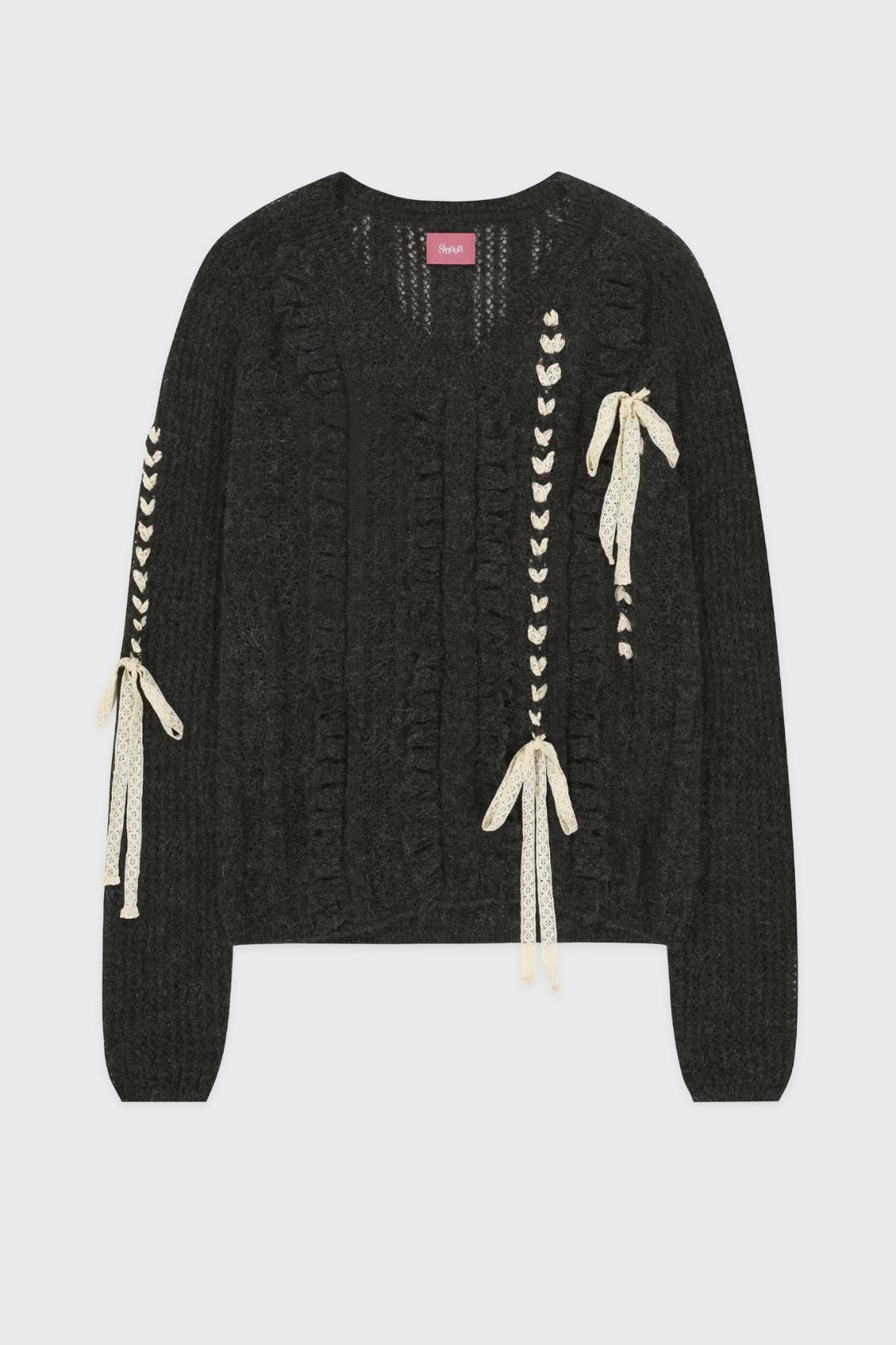 Crochet Ribbon Tie V-Neck Pullover (Charcoal Grey)