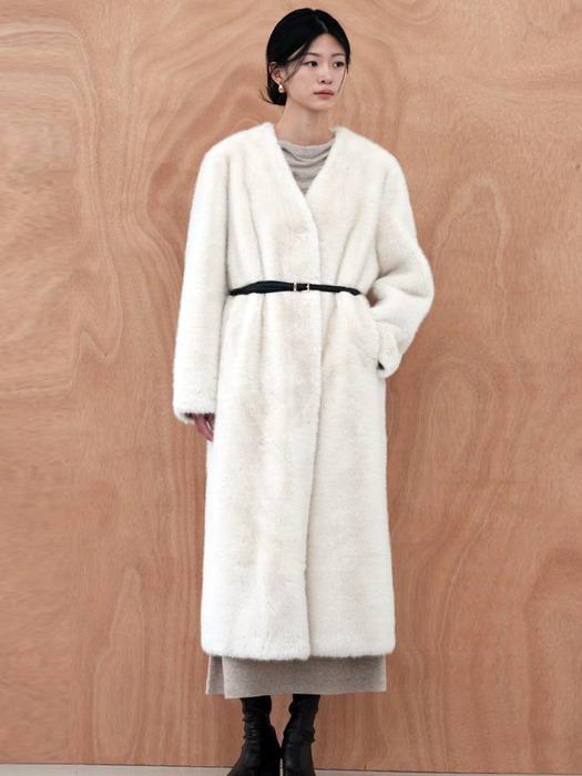 MINIMAL NON COLLAR FUR COAT IVORY