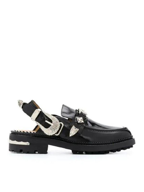 메탈 버클 장식 레더 슬링백 로퍼