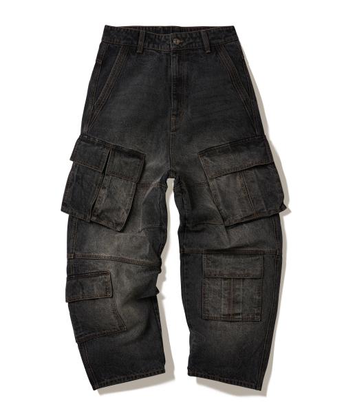 CURVED WIDE CARGO DENIM PANTS-CHARCOAL