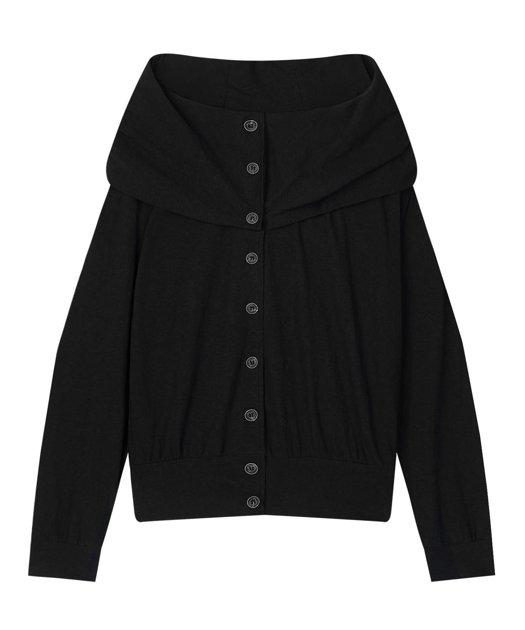 BUTTON OFF-SHOULDER HOODED T-SHIRT (BLACK)