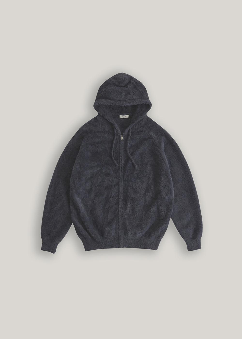 헤어리 후드 니트 집업_Ash navy