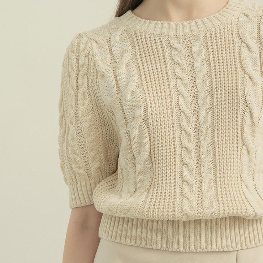 트위 뷔엔 꽈배기 반팔 니트-[퍼프니트,라운드넥니트,퍼프반팔니트,꽈배기니트,간절기니트,이너니트]