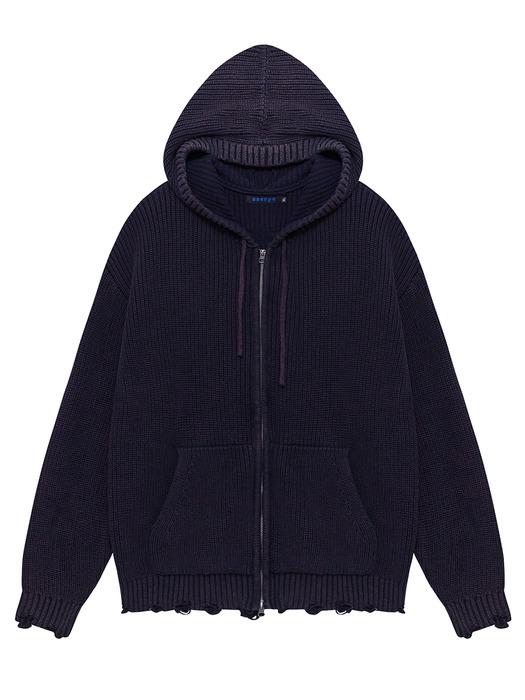Sserpe Destroyed Cotton Knit Hoodie Zip Up Deep Purple
