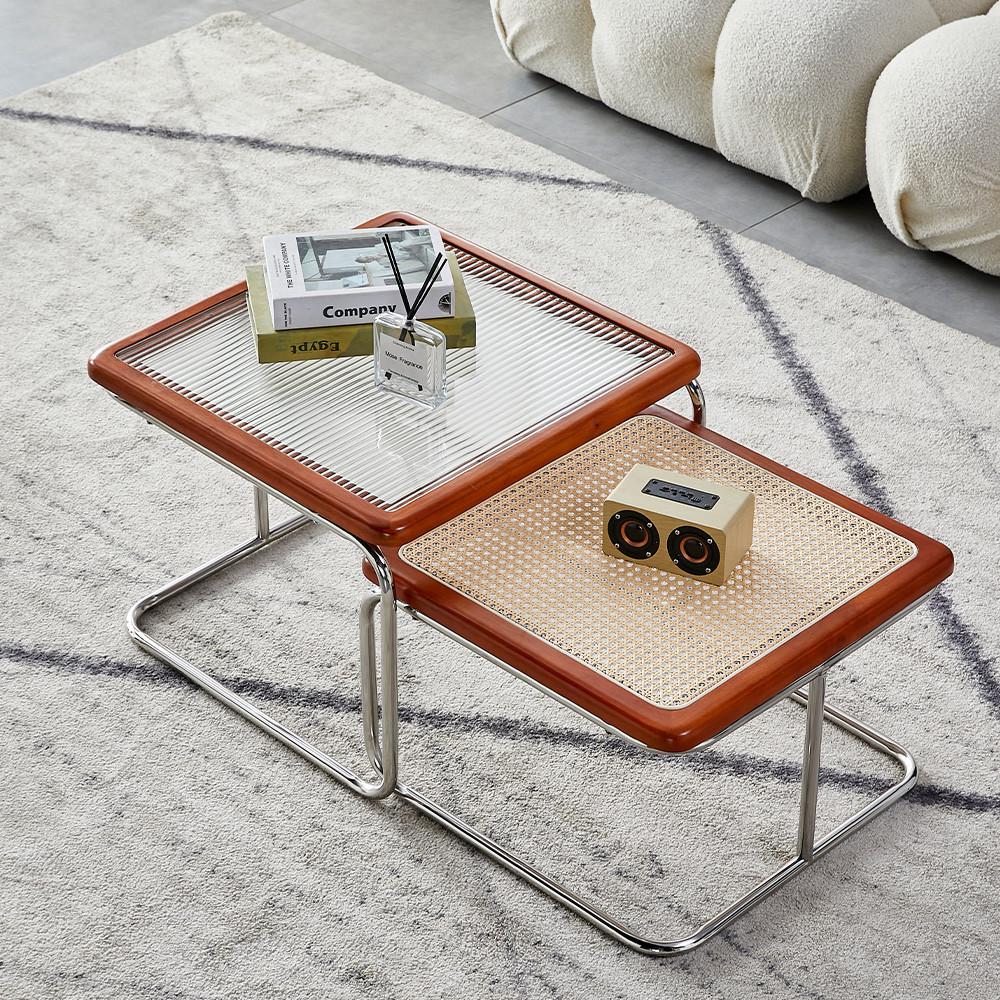 아우스 XM10 세트 강화유리 라탄 거실테이블 사이드 소파 커피 테이블 간이 테이블