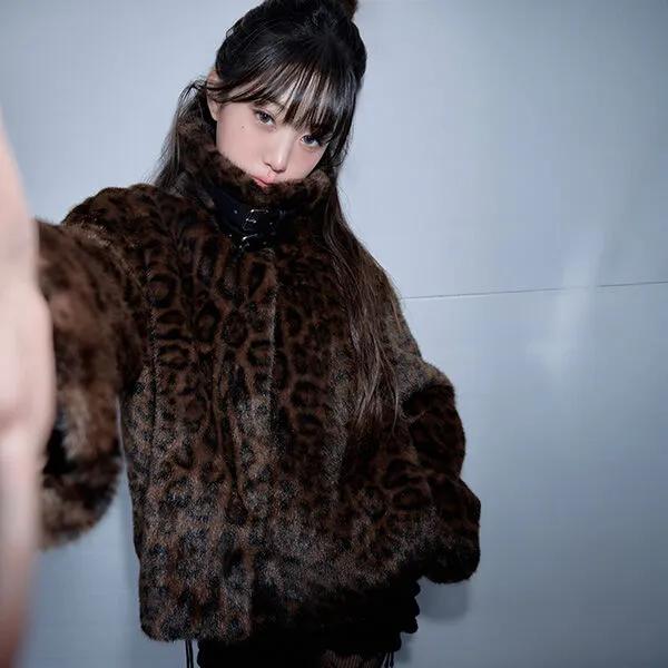 LEOPARD COLLAR FUR JACKET BROWN