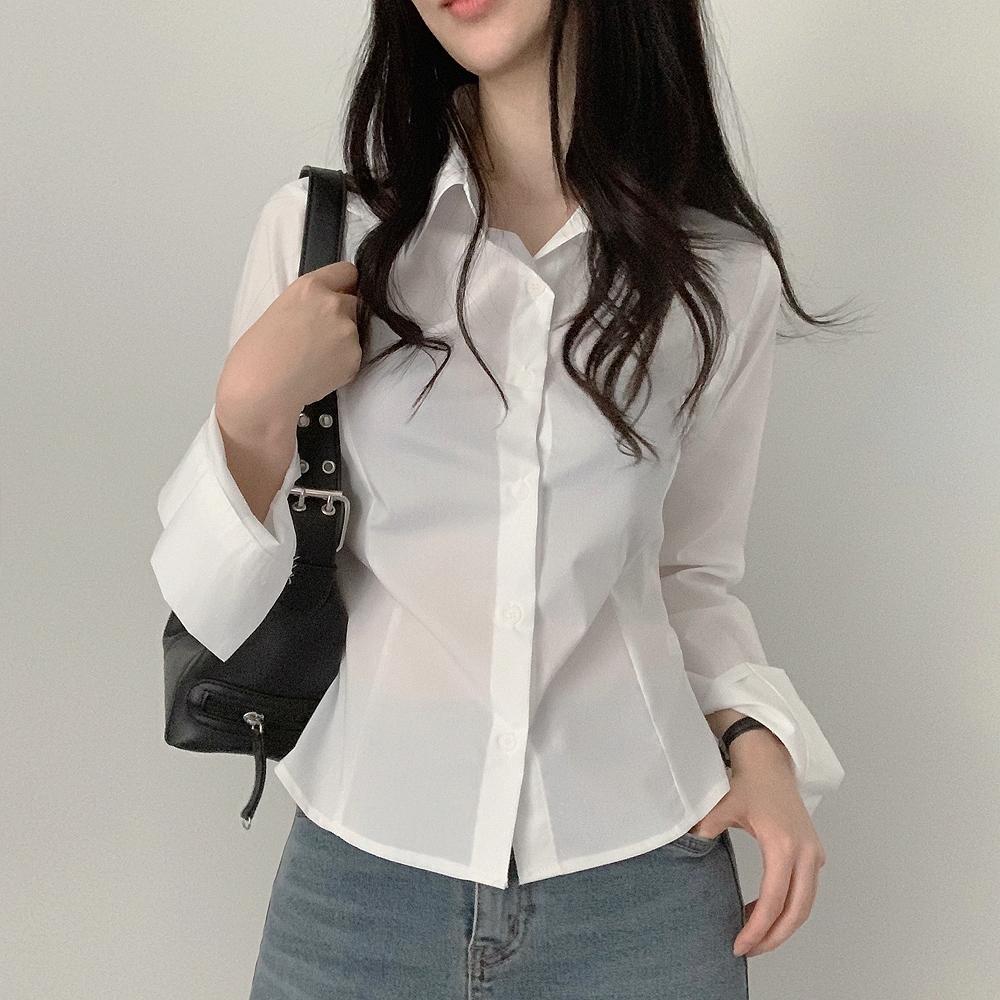 투게더위드미 (당일!) 적당한 크롭 기장감✨ 카라 슬림핏 구김 덜한, 이너 허리 핀턱 기본 와이셔츠 남방 흰셔츠 레이어드 출근 면접 올드머니 긱시크 봄옷 빠른배송 클리어런스 개강룩 봄맞이선물