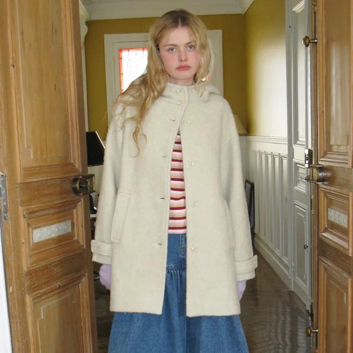 [2차 리오더] Loose-Fit Hoodie Wool Half Coat (Light Green)