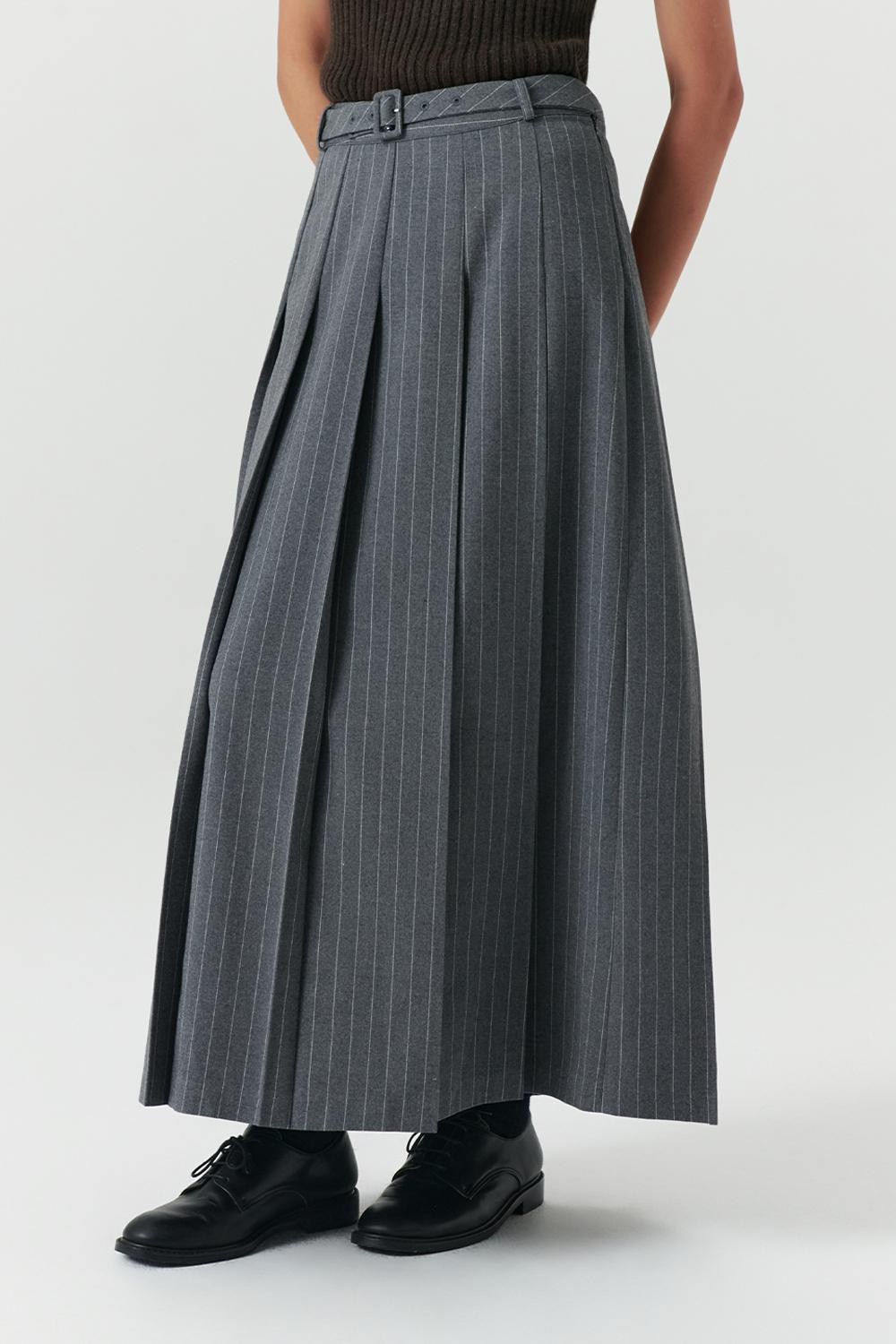 [7th] Classic Belt Pleats Maxi Skirt - Charcoal Stripe
