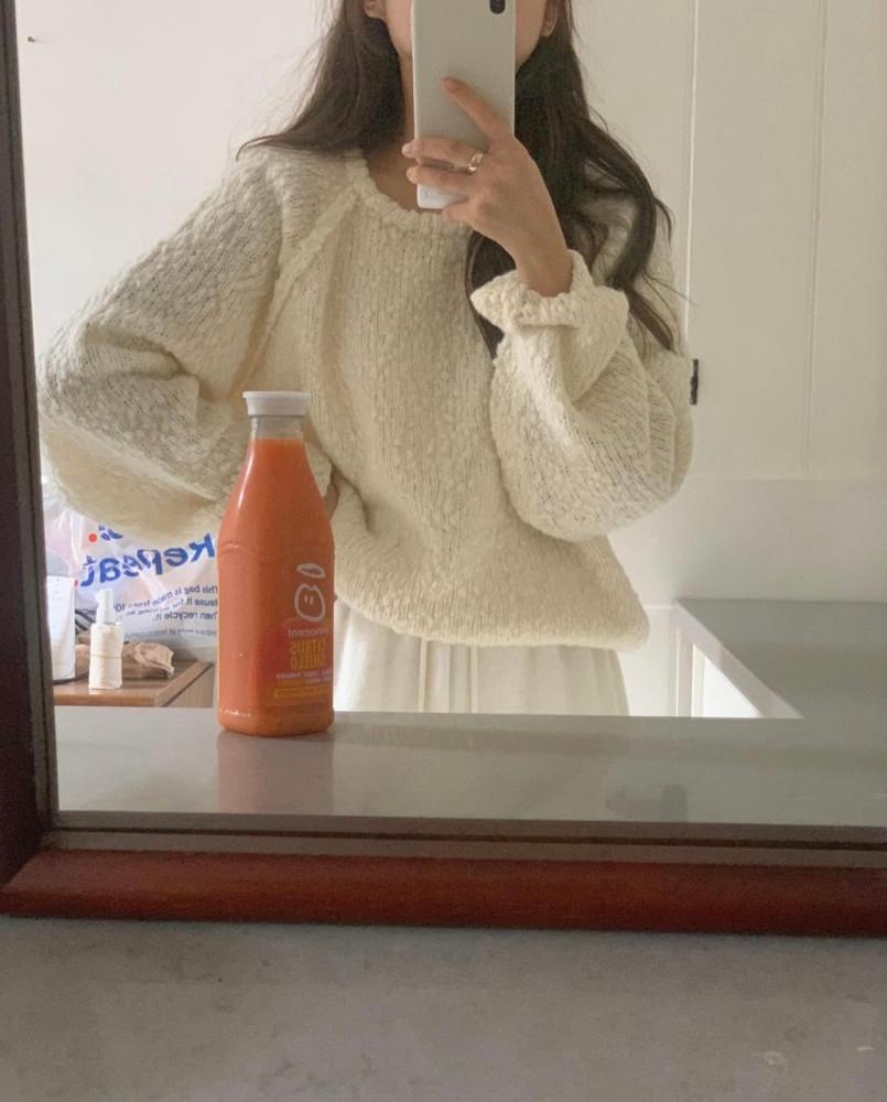 아이,민트 / liter 리터 밀크 니트 울 긴팔 라운드 래글런 부클 nt (3col)