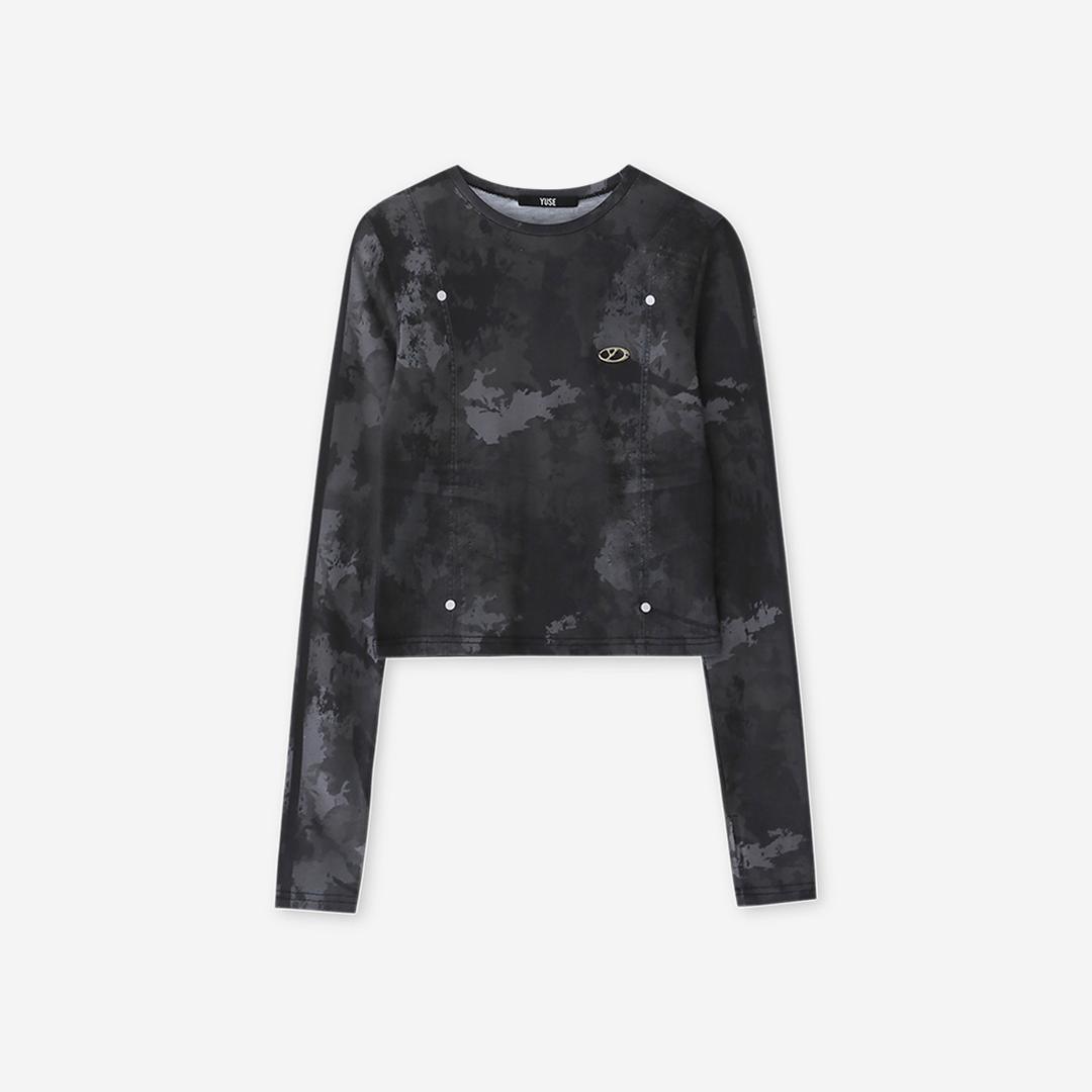 Yuse Women Camo Full Print Slim Round T-Shirt Navy