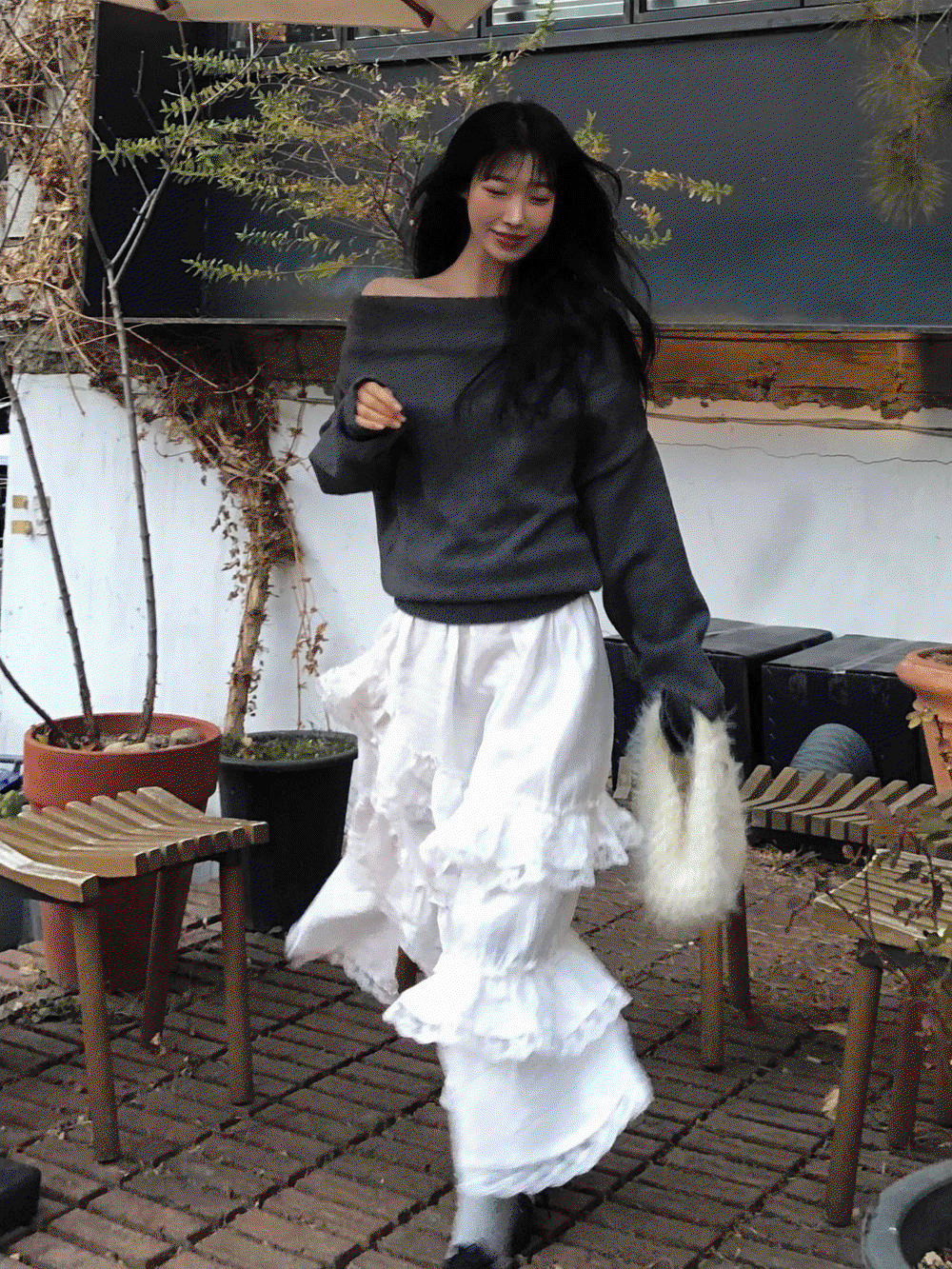 Trip side slit frill cangcang long skirt