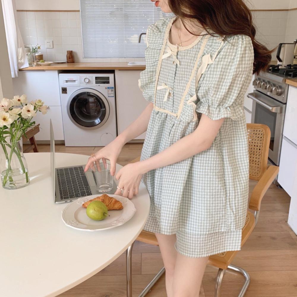 라벨르오브 면 체크 프릴 퍼프 그린 투피스 홈웨어 파자마 잠옷 상하의세트