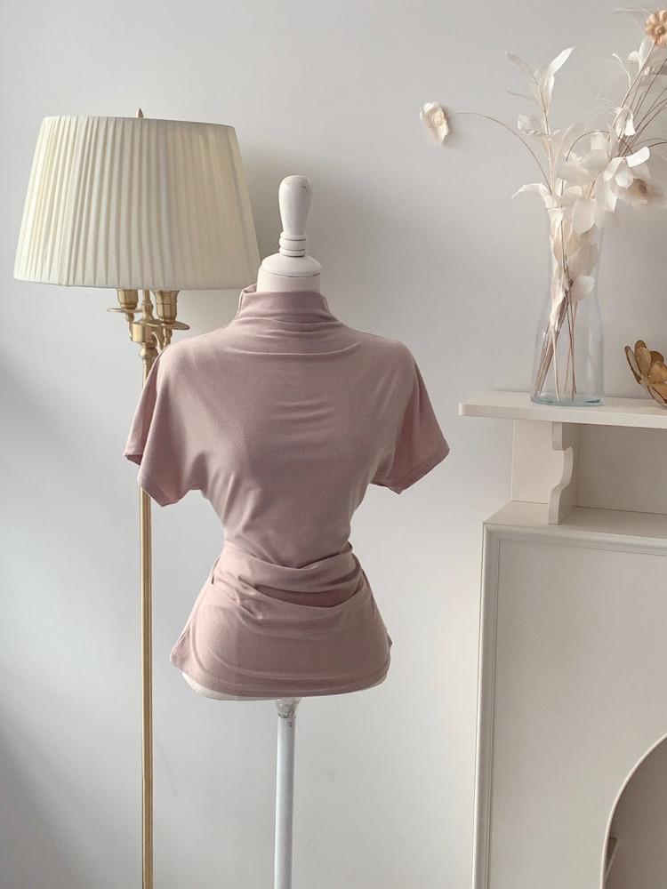 [바로배송/말라핏] 자체제작 말라핏 하이넥 기모 셔링 반팔 셔링 턱 티셔츠 날씬핏 슬림핏 - 3colors