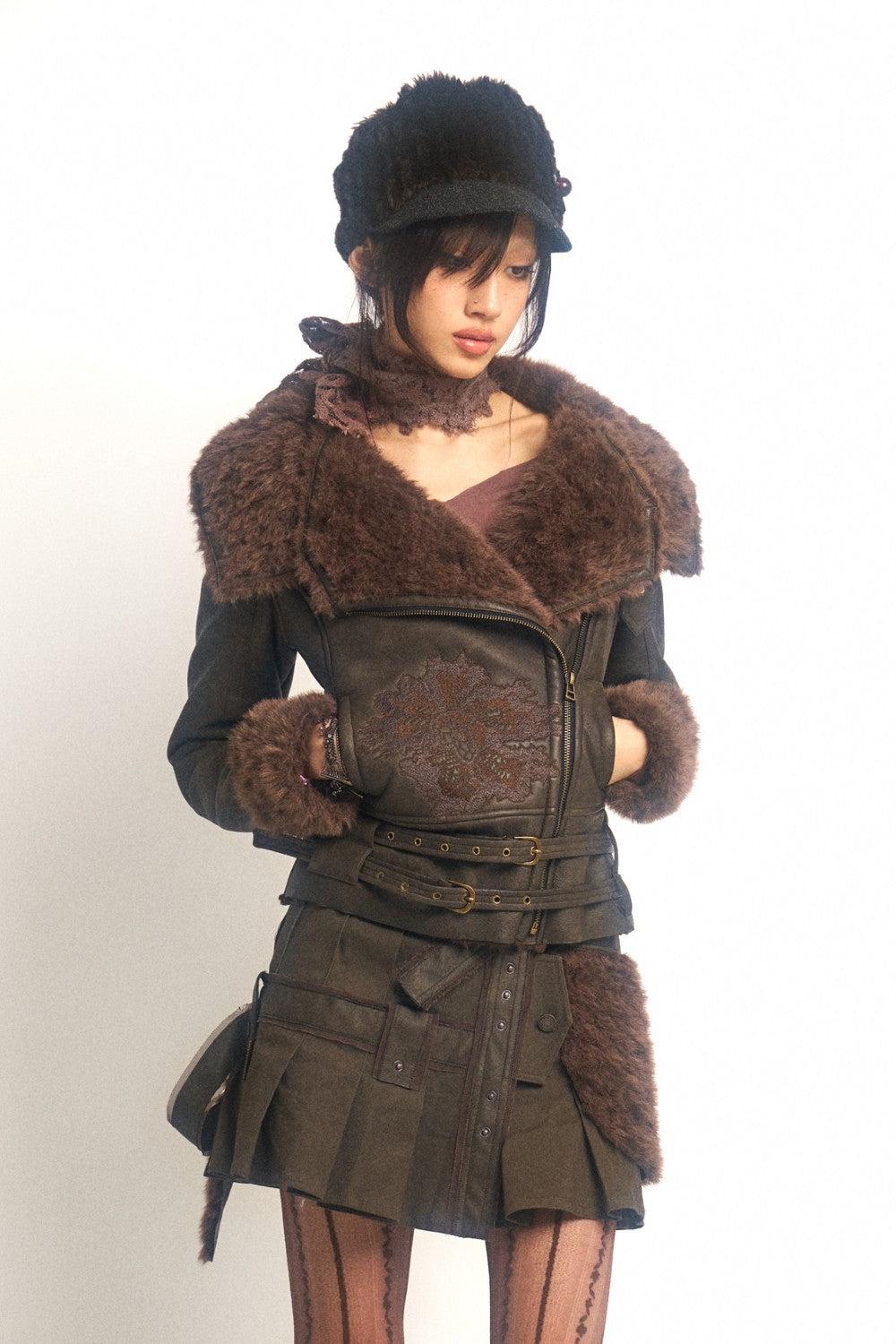 Embroidered Shearling Coat - L