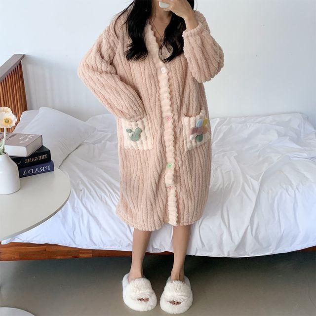 [당일출고] 플라워 극세사 수면잠옷 원피스 가디건 겨울 파자마 홈웨어